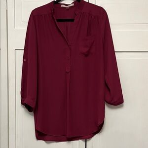41 Hawthorn Burgundy Button-Front Roll-Tab Blouse